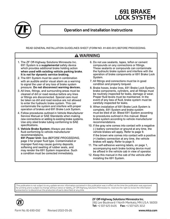 81-690-032 690/691 Brake Lock Manual (Form Number 81-690-032)