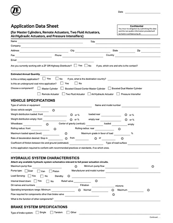 Application Data Sheet - Brake Cylinders (Form Number 80-001-026)