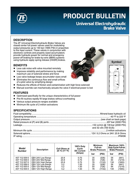 thumbnail of Universal Electrohydralic Brake Valve Product Bulletin